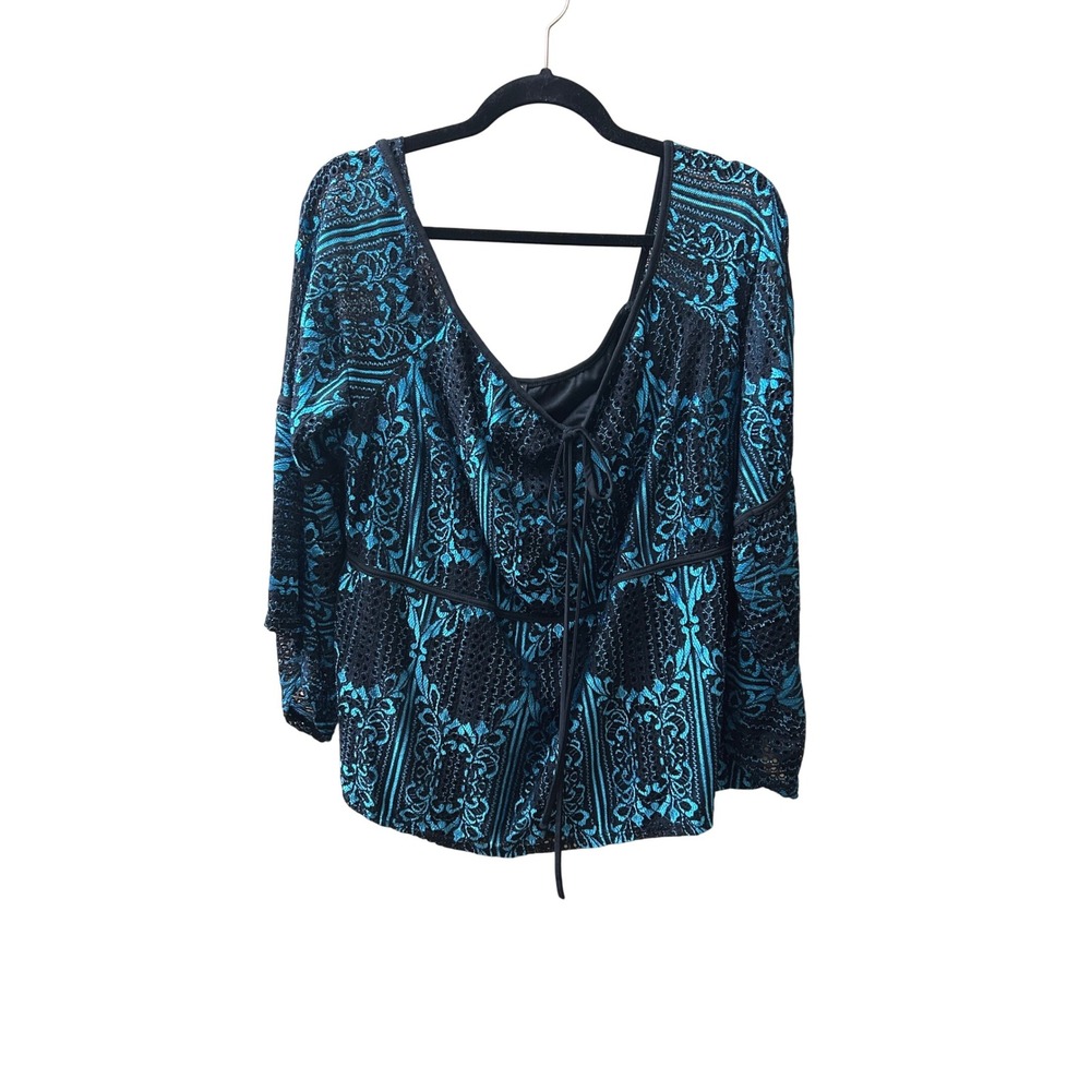 Venus Black Blue Lace Tie Front Long Sleeve‎ Top Plus Size 3X
